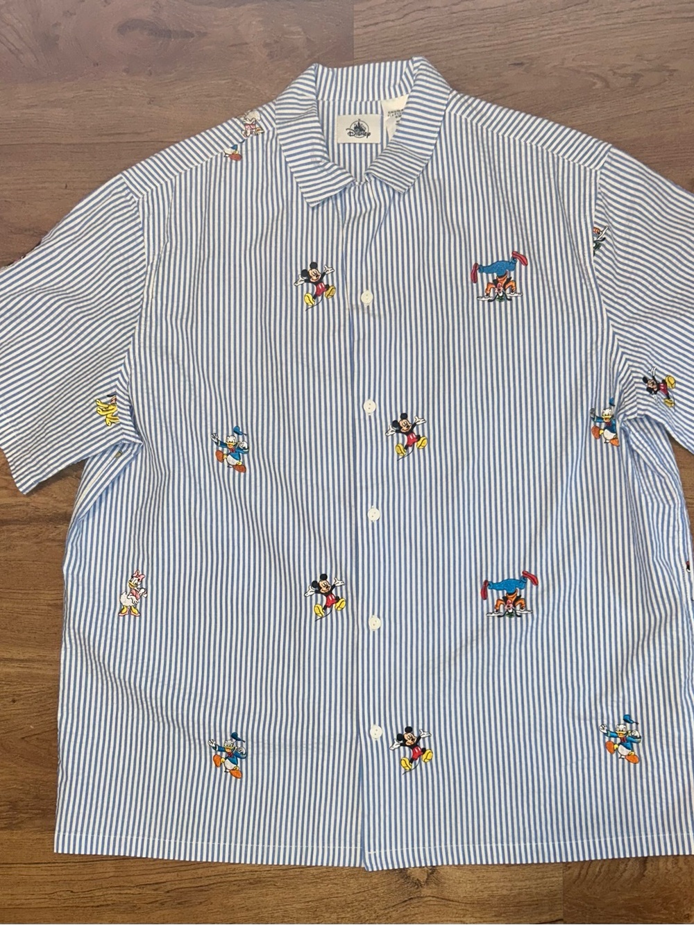 Disney Men’s XL Striped Blue Short-Sleeve Seersucker Button-Up Shirt